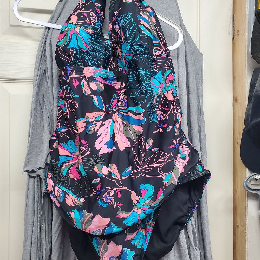 Time and Tru Floral One Piece Swimsuit - Black, Pink, Blue